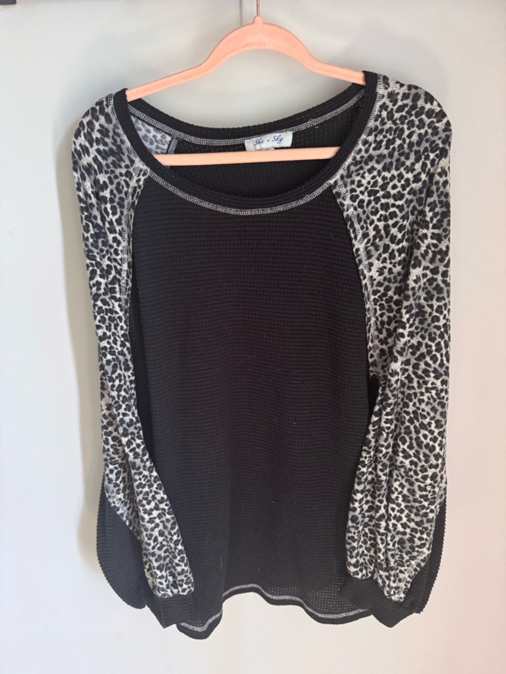She + Sky Black Waffle Knit Shirt with Grey Leopard Trim